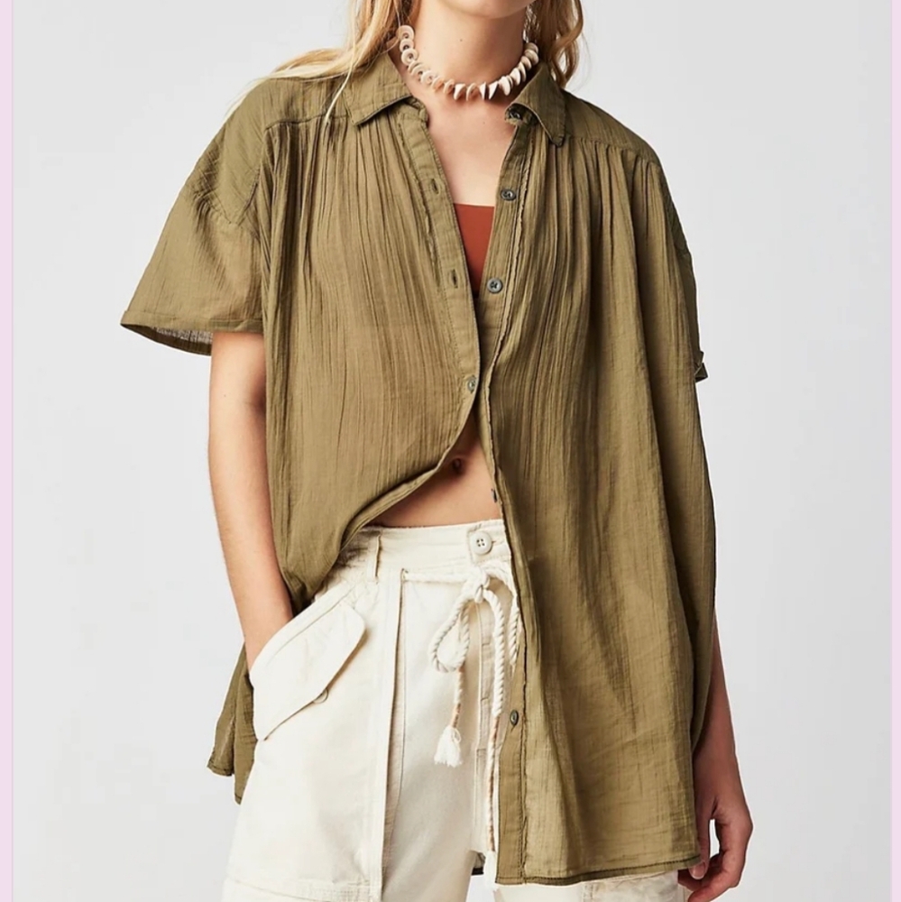 NEW Free People Float away oversized khaki button down blouse shirt serpent XS